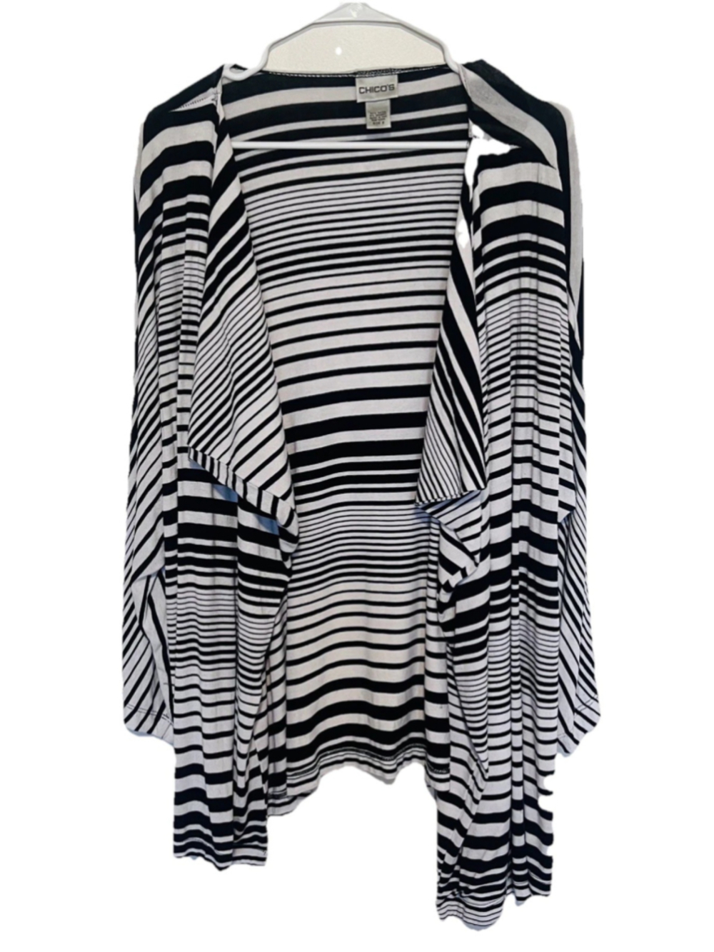 Chico's Open Front Cardigan Women’s Large 2 Black White Striped Lightweight Knit